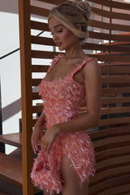 Square Neck Wide Strap Tiered Sequin Fringe Thigh Slit Bodycon Mini Dress