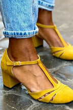 Color-blocked Faux Suede Chunky Heel Sandals