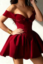 Red Low Cut Velvet Bow Midi Dress