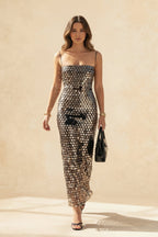 Square Neck Spaghetti Strap Ombre Disc Sequin Bodycon Midi Dress