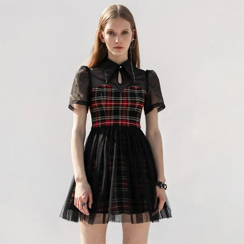 Pointed Collar Mesh Yoke Plaid Organza Overlay Flared Gothic Mini Dress