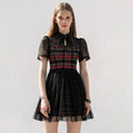 Pointed Collar Mesh Yoke Plaid Organza Overlay Flared Gothic Mini Dress
