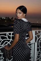 Polka Dot Oversized Collar Puff Sleeve Neck Tie Bodycon Midi Dress