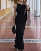 High Neck Sleeveless Draped Shoulder Sash Column Maxi Dress