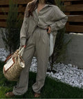 Khaki Print Pockets Straight Pants Office Two Piece Set