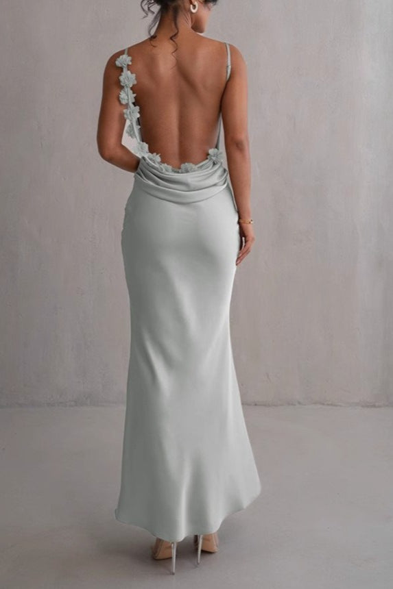 Satin Cowl Neck Spaghetti Strap Mermaid Hem Maxi Gown