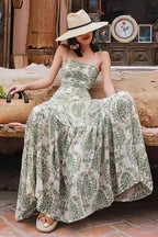 Green Spaghetti Strap Square Neck Ruched Damask Print Tiered Maxi Dress