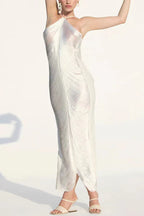 Metallic Pleated Fringe Halter Neck Backless Slit Maxi Gown