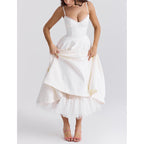 Sweetheart Bustier Lace Trim Satin Fit and Flare Midi Dress