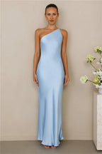The Evangeline One Shoulder Satin Maxi Dress Blue