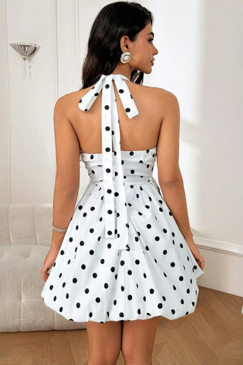 Halter Neck Bubble Hem Polka Dot Fit And Flare Mini Dress