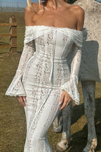 Off Shoulder Bell Sleeve Vertical Lace Panel Mermaid Maxi Dress