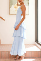 Solid Color V-neck Sleeveless Elegant Layered Maxi Dress