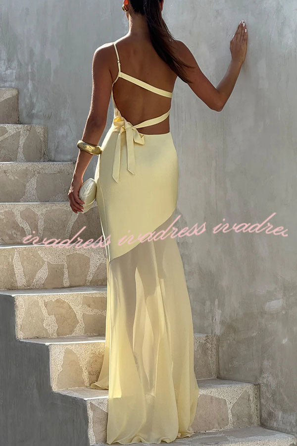 Fable Satin One Shoulder Back Adjustable Straps Contrast Chiffon Hem Maxi Dress