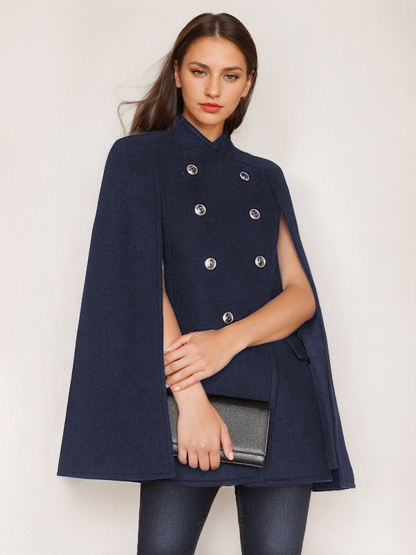 Woolen Poncho Coat Stand Collar Double Breasted Women Cape Outerwear