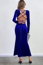 Velvet Square Neck Puff Shoulder Mermaid Hem Maxi Dress