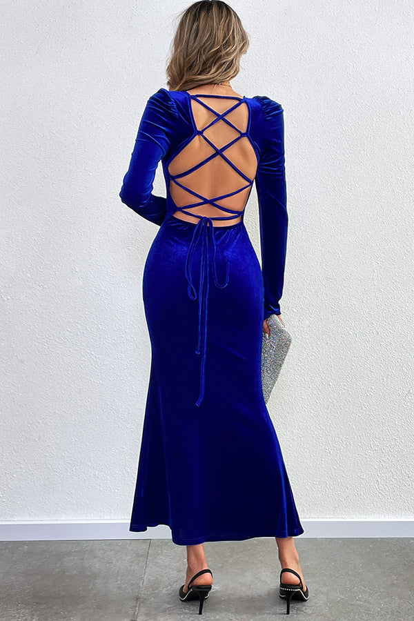 Velvet Square Neck Puff Shoulder Mermaid Hem Maxi Dress
