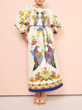Lantern Sleeve Bird Print Rope Belt Pocket Maxi Dress