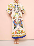Lantern Sleeve Bird Print Rope Belt Pocket Maxi Dress