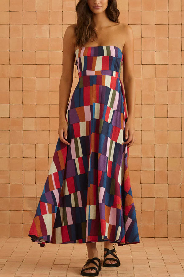 Retro Chic Linen Blend Colorful Color Block Strapless Back Smocked Midi Dress