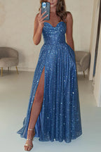 Glitter Cowl Neck Corset Bodice Spaghetti Strap Pleated High Split Pocketed Maxi Gown