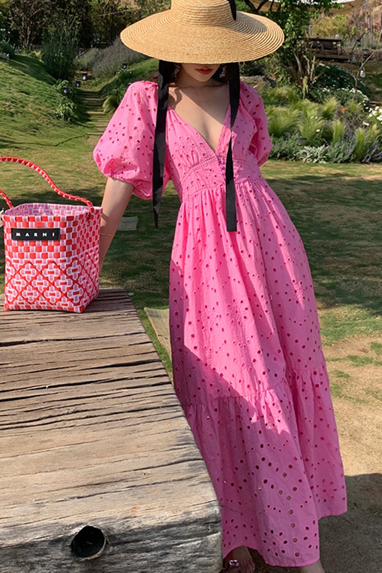 Eyelet Deep V-Neck Puff Sleeve Smocked Empire Waist Tiered Maxi Dress