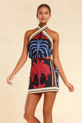 Tropical Palm Print Halter Neck Waist Cut Out Mini Dress