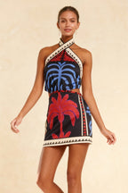 Tropical Palm Print Halter Neck Waist Cut Out Mini Dress