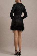 Sequin Long Sleeve Feather Trim Bodycon Mini Dress