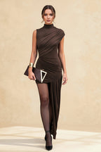 Ruched Mock Neck Sleeveless Bodycon Mini Dress with Side Drape Panel