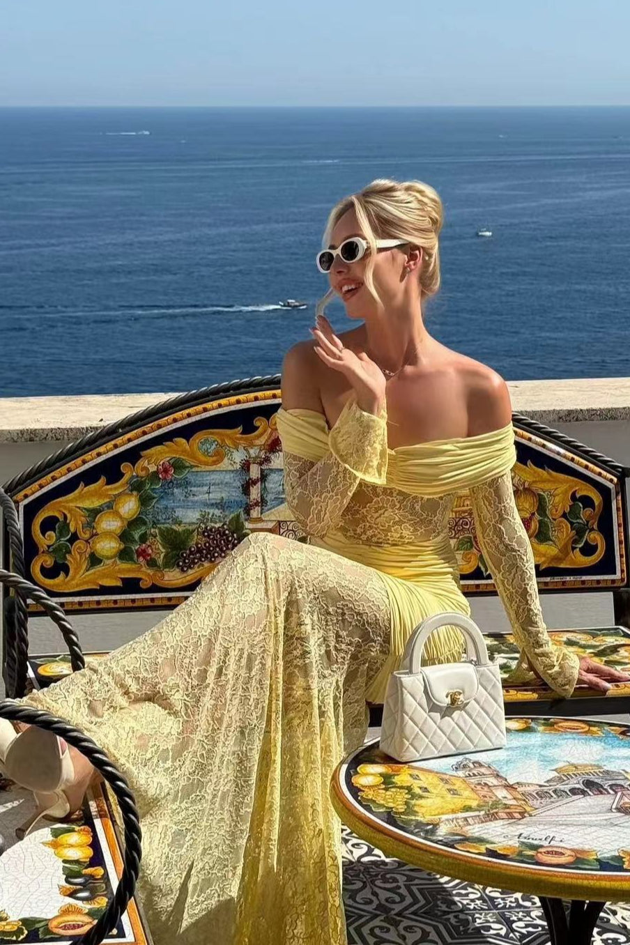 Lace Off Shoulder Long Sleeve Ruched Panel Cut Out Mermaid Maxi Dress