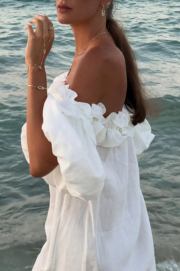 Seaside Street Fashionable Linen Blended Off Shoulder Ruffles Bubble Sleeves Pocket Flute Dress