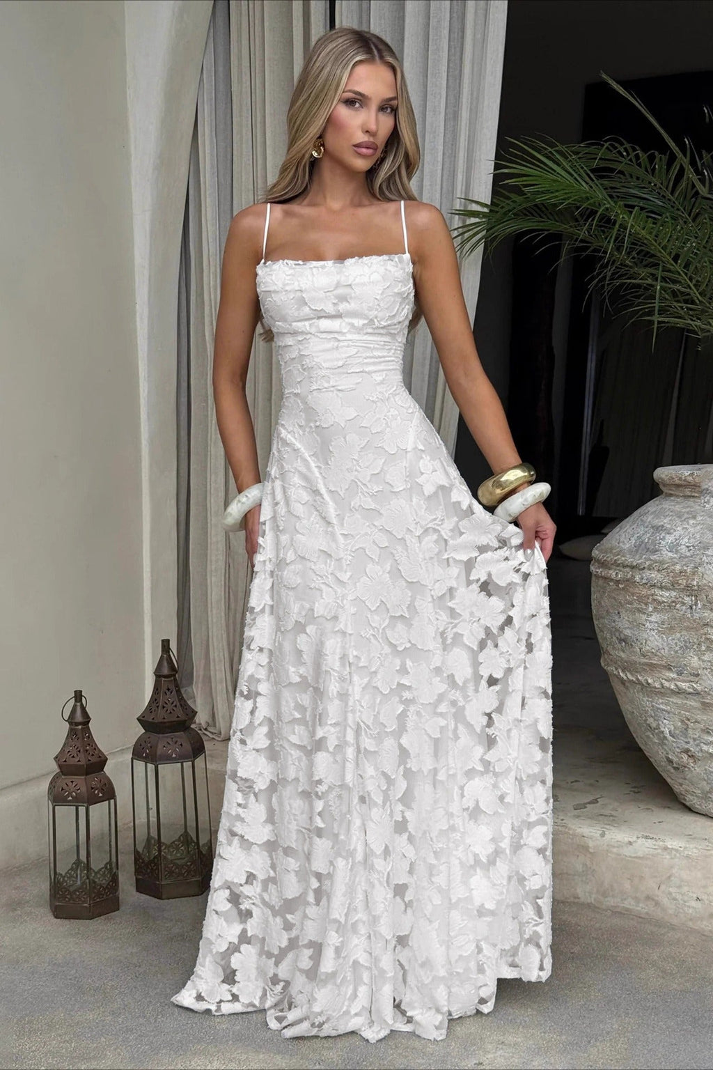 Spaghetti Strap Square Neck 3D Floral Lace Ruched Column Maxi Gown