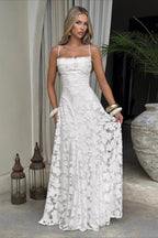 Spaghetti Strap Square Neck 3D Floral Lace Ruched Column Maxi Gown