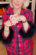 Holiday Time Plaid Contrast Feather Sleeve Pocket Shirt and Elastic Waist Pajama Set