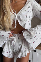 Short Cardigan Hollow Out Long Sleeve Floral Shorts Loungewear Two Piece Set