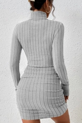 Ribbed Knit Turtleneck Ruched Tiered Bodycon Mini Sweater Dress