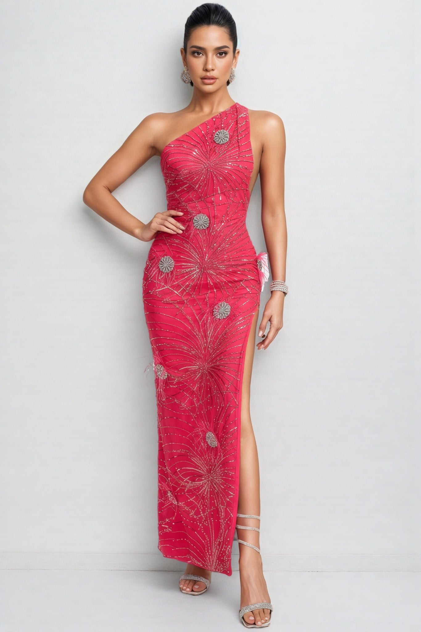 Simeon Pink Sequin High Split Maxi Dress