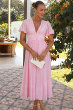 Solid V Neck Puff Sleeve Flared Midi Dress