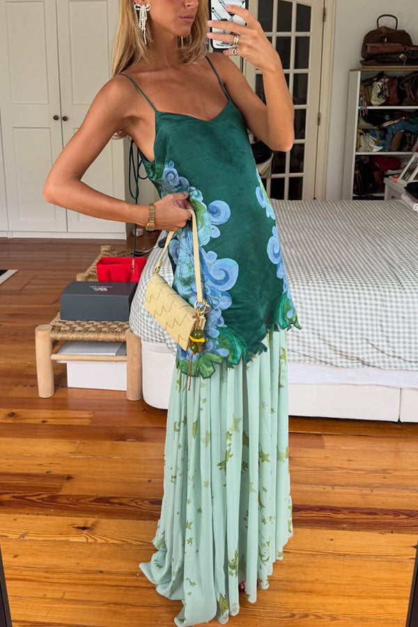 Fresh Bloom Unique Print Satin and Pleated Tulle Hem Slip Maxi Dress