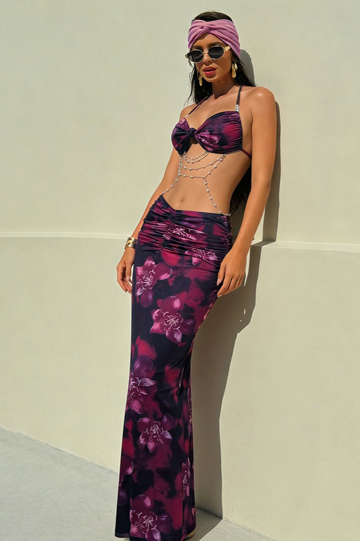 Halter Bow Front Ruched Waist Marble Print Maxi Skirt Two Piece Set