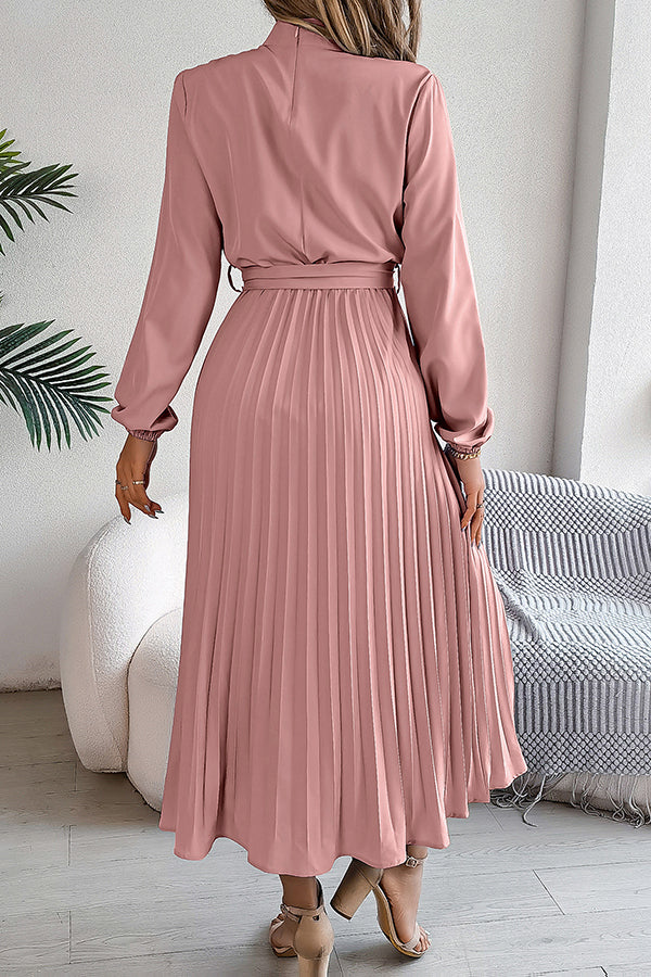 Mock Neck Lantern Sleeve Belted Pleated A-Line Midi Dress