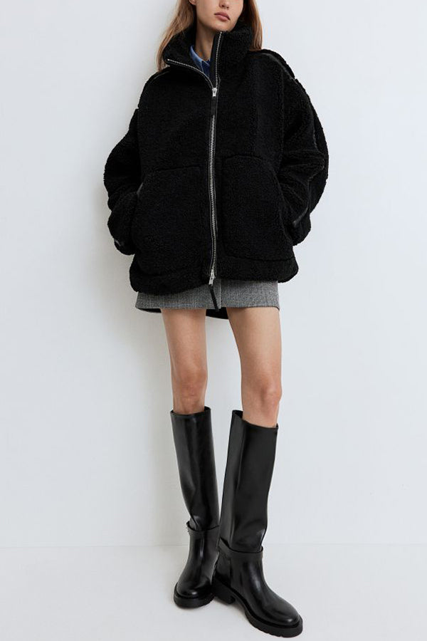 Solid Color Stitching High Collar Long Sleeve Loose Pocket Woolen Coat