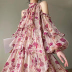 Floral Print Cold Shoulder Mock Neck Tie Bow Lantern Sleeve Mini Dress