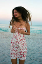 Fruit Print Spaghetti Strap Ruched Tie Front Mini Dress