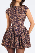 Print Crew Neck Cap Sleeve Fit and Flare Puff Skirt Mini Dress
