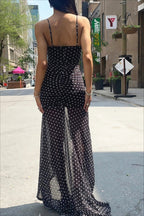 Black Polka Dot Ruched Lace Mesh Cami Maxi Dress