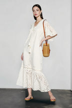 Eyelet Broderie Anglaise Puff Sleeve Lace Up Tassel Tiered Maxi Dress