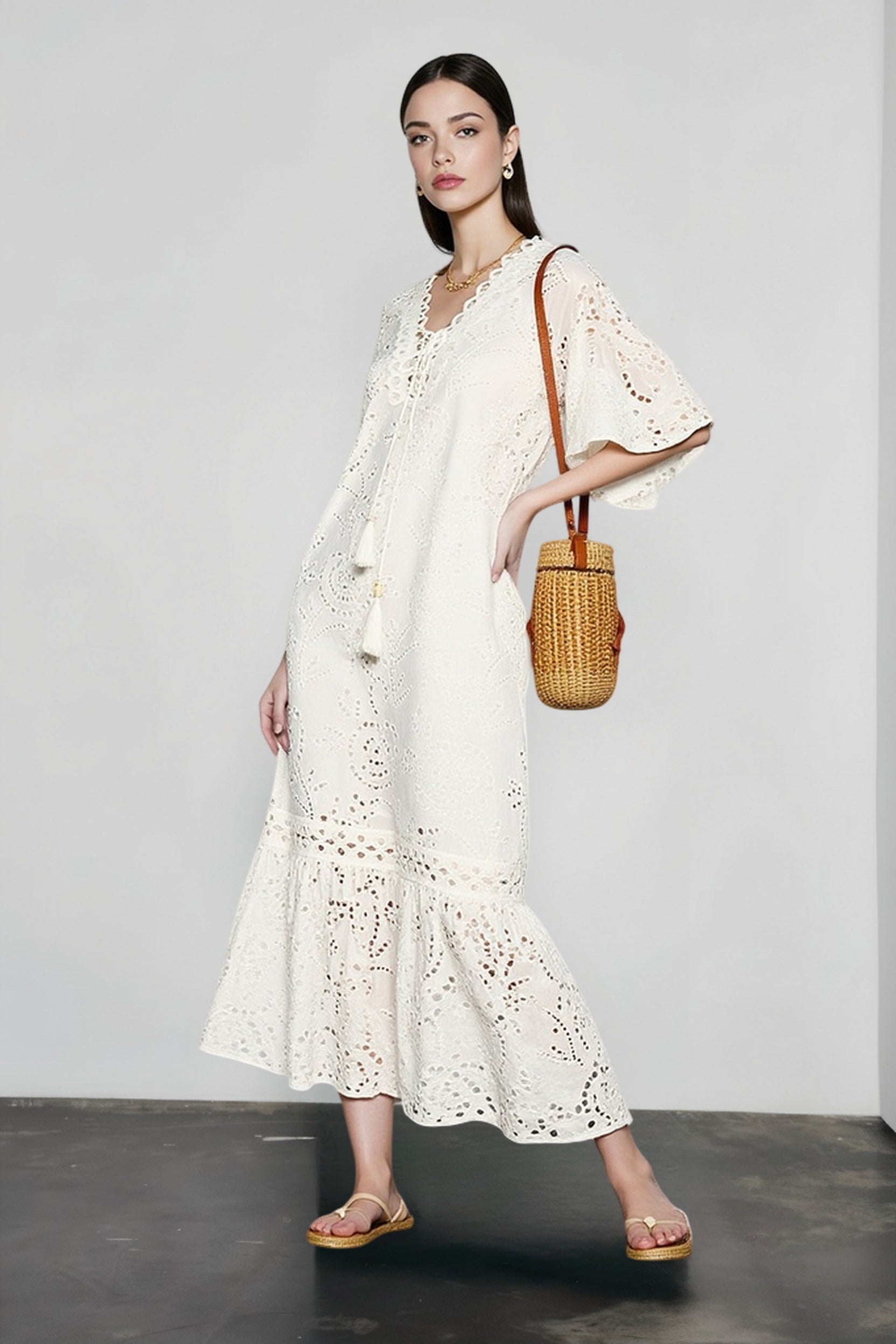 Eyelet Broderie Anglaise Puff Sleeve Lace Up Tassel Tiered Maxi Dress