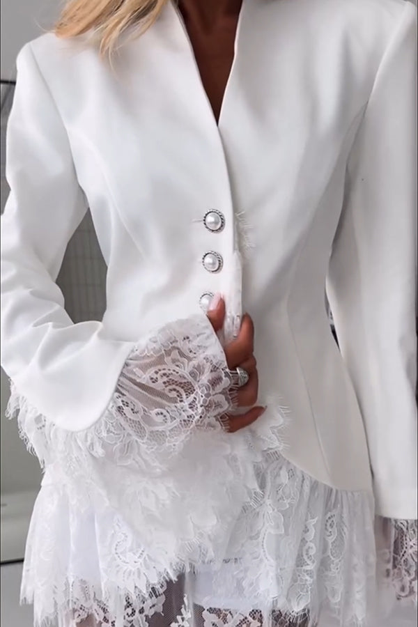 Queen Time Lace Trim V-neck Pearl Buttons Long Sleeve Loose  Blazer